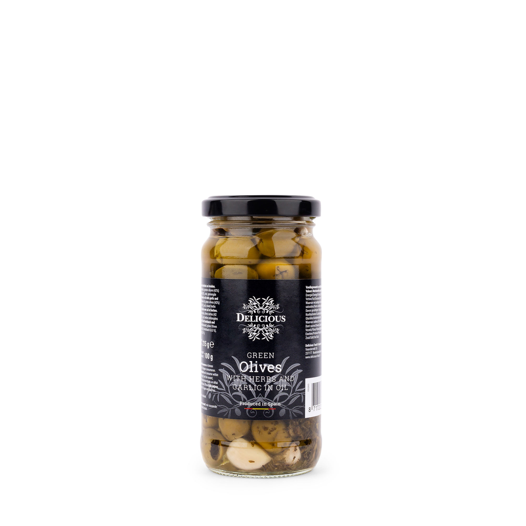 Delicious Food and Gourmet - Groene Olijven met Knoflook & Kruiden 215 g