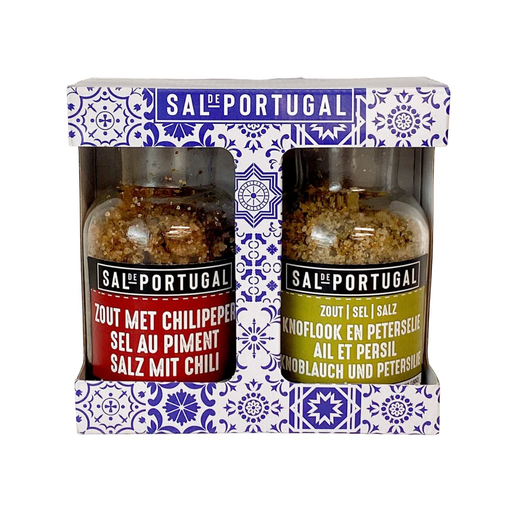 [9865] Sal de Portugal - Giftset Zeezout met Knoflook en Peterselie & Zeezout met Chilipeper 2 x 150 g  