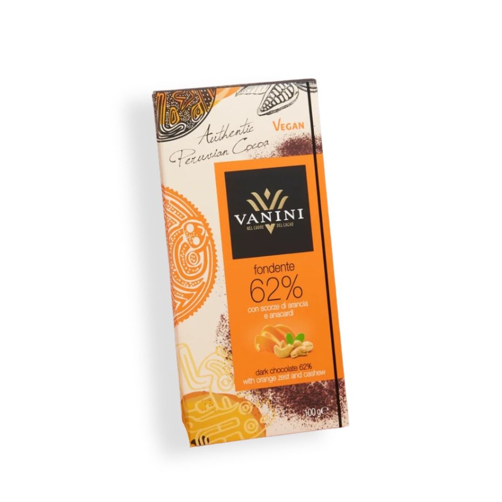 Vanini - Pure chocolade 62% met sinaasappel en cashew 100 g