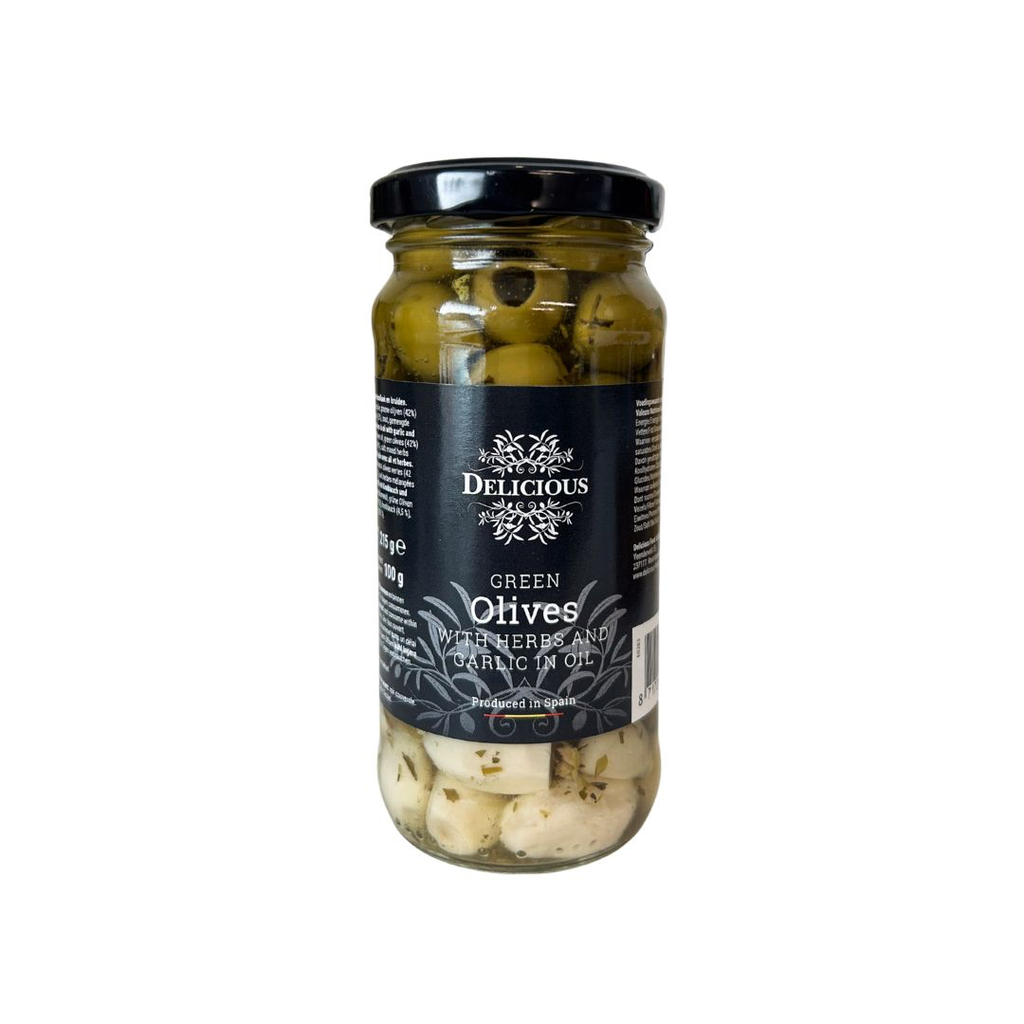 Delicious Food and Gourmet - Groene Olijven met Knoflook & Kruiden 215 g
