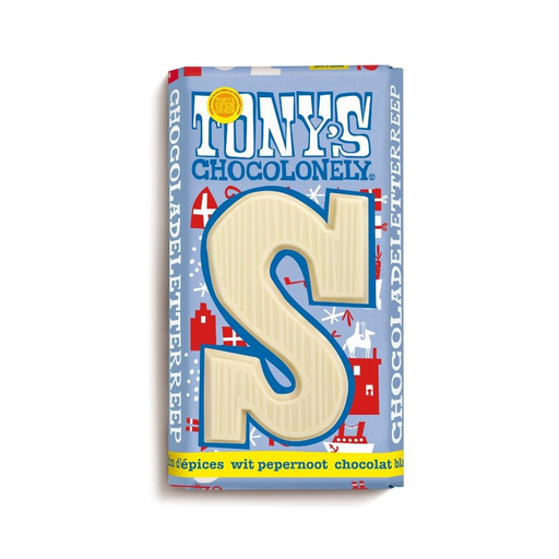[90145] Tony's Chocolonely - Chocoladeletter Reep S Wit Pepernoten 180 g