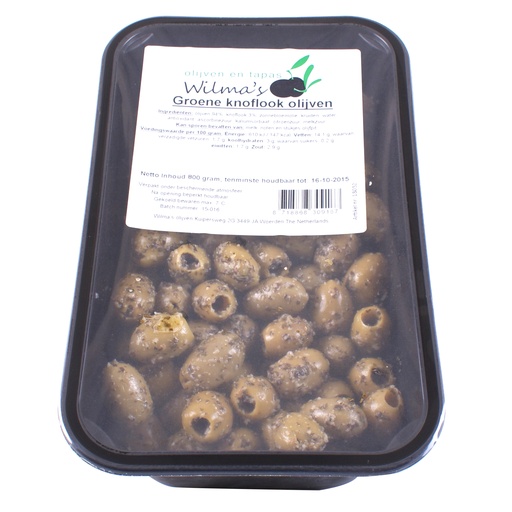 [18052] Wilma's - Groene Knoflook Olijven 800 gr    